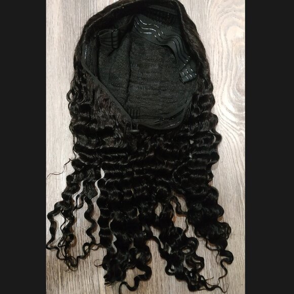 Human Hair with Seamless Flip-Over Drawstring Half Wig, 18" Natural Black - Picture 5 of 10